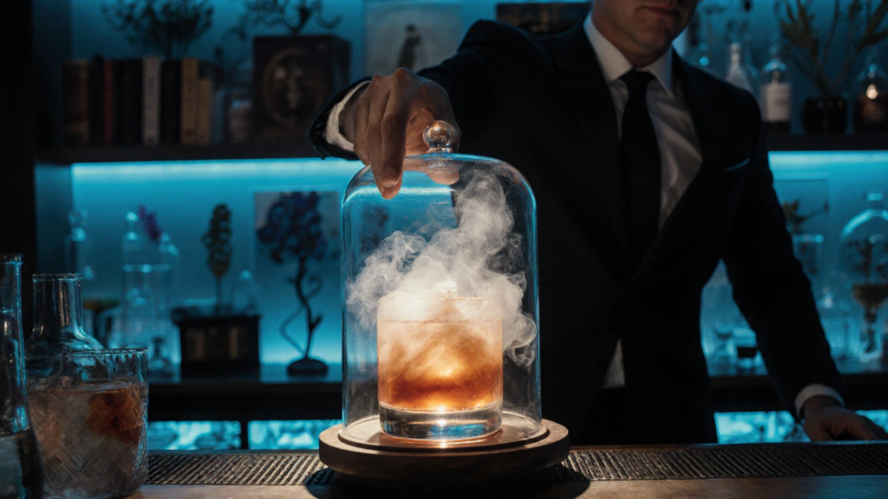 A theatrical cocktail served under a smoke-filled glass dome at The Alchemist, with molecular elegance.
