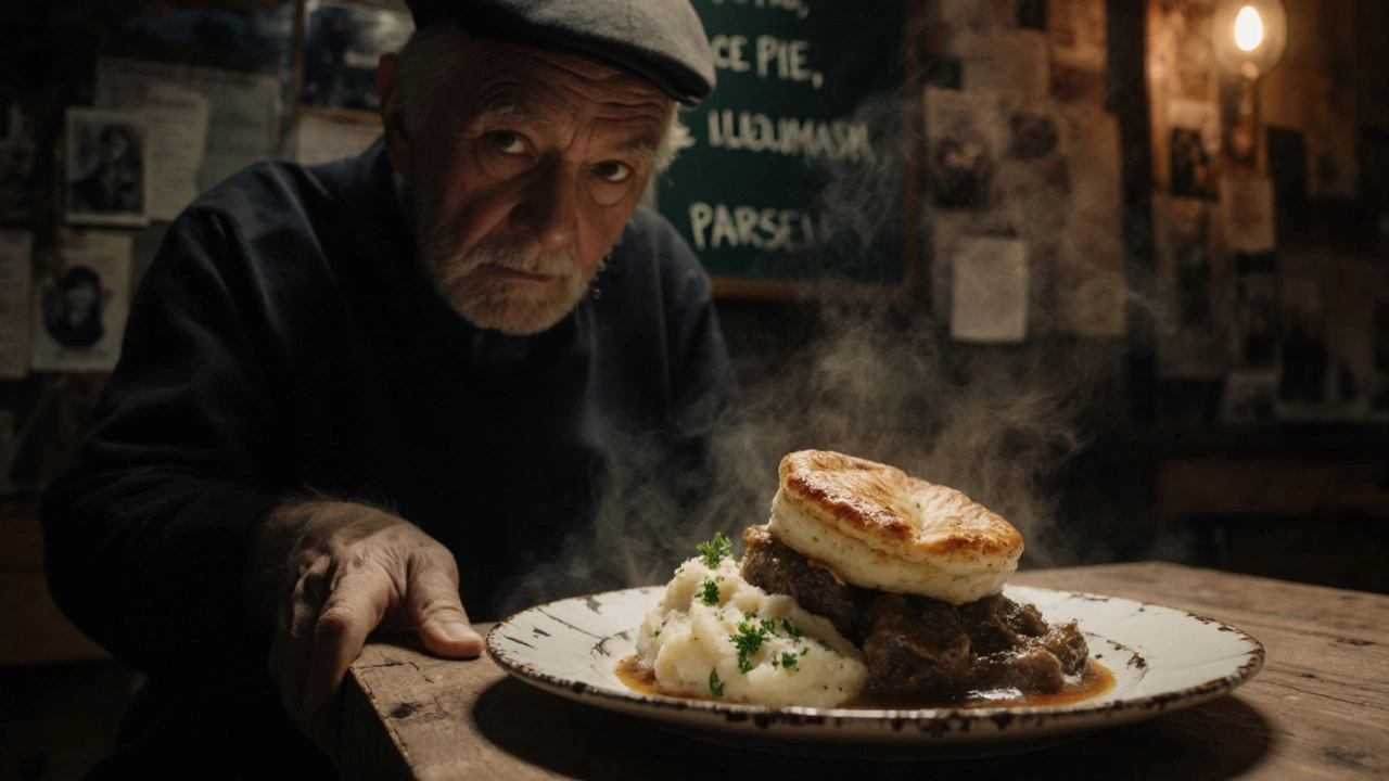 A traditional pie and mash shop with a steaming plate of beef pie and parsley liquor on a wooden table.