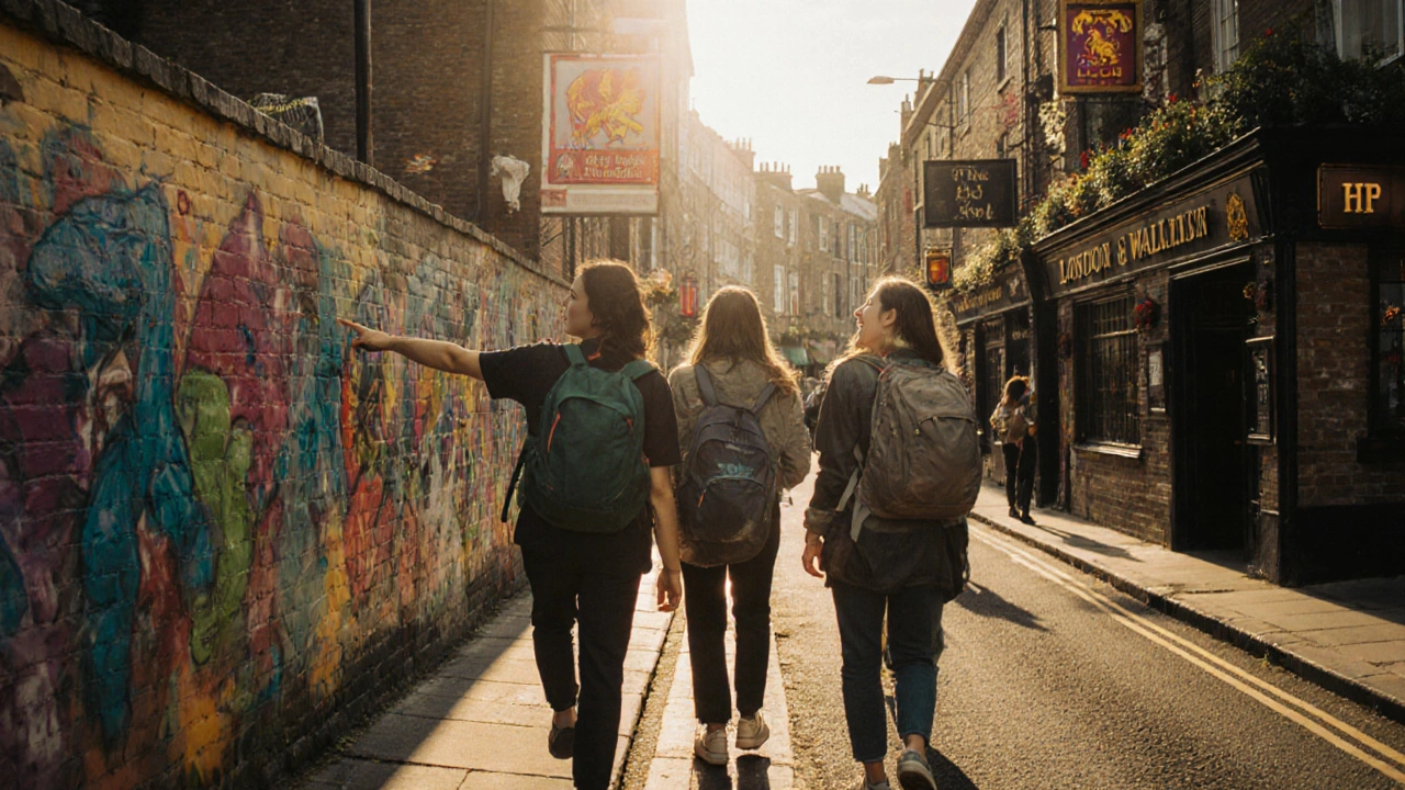 A walking group in Peckham admiring street art, ending near a cozy pub at sunset.