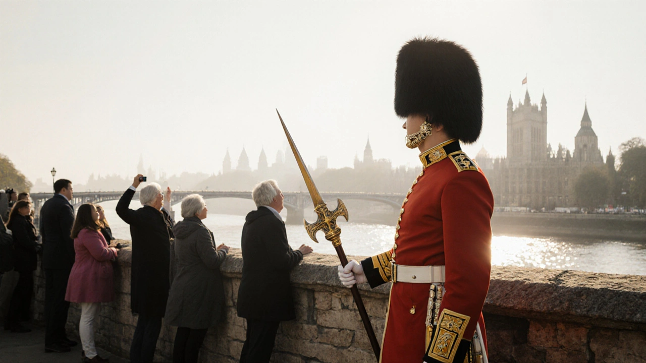 A Yeoman Warder in ceremonial uniform standing on Tower of London ramparts at sunrise.