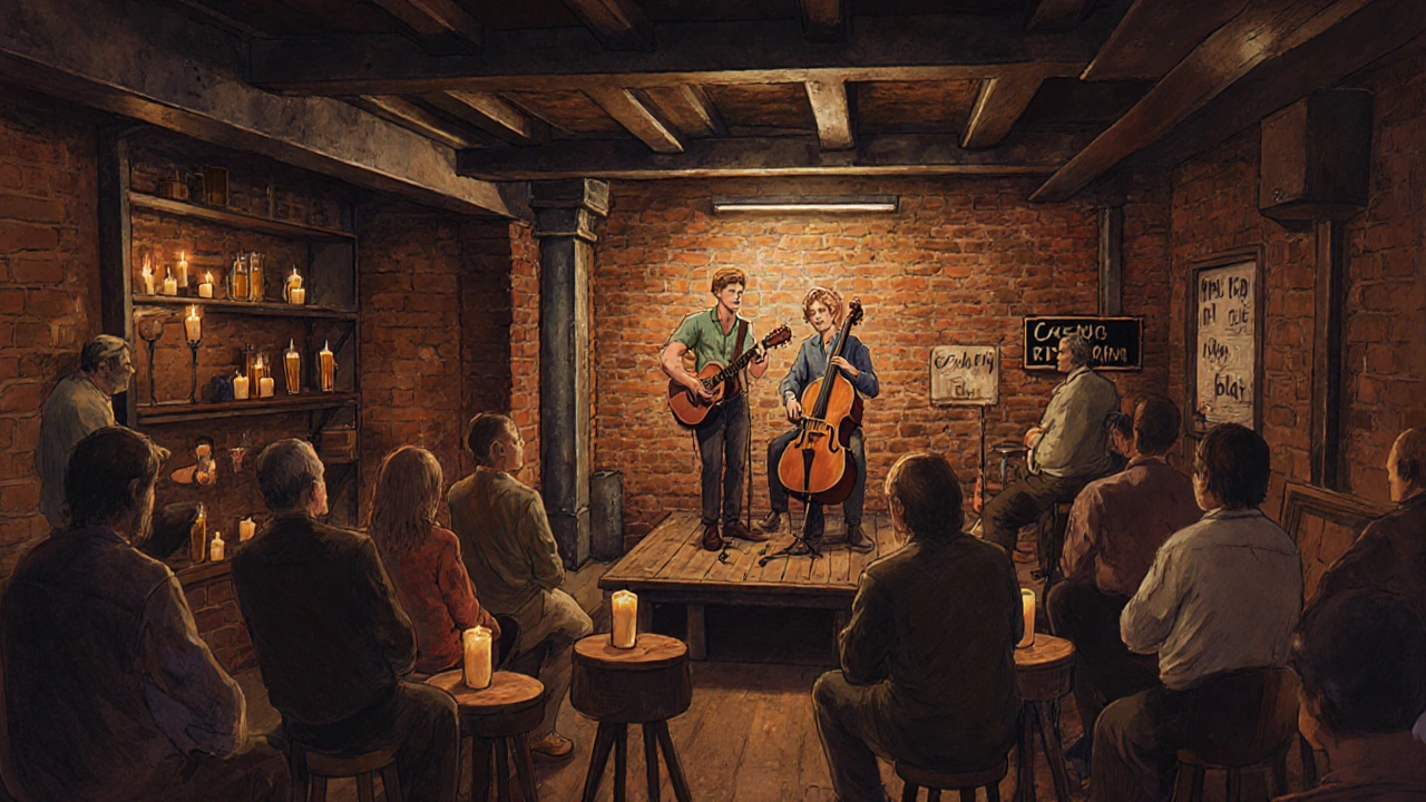 An intimate folk duo plays in The Forge, a converted forge with candlelight and microbrews.