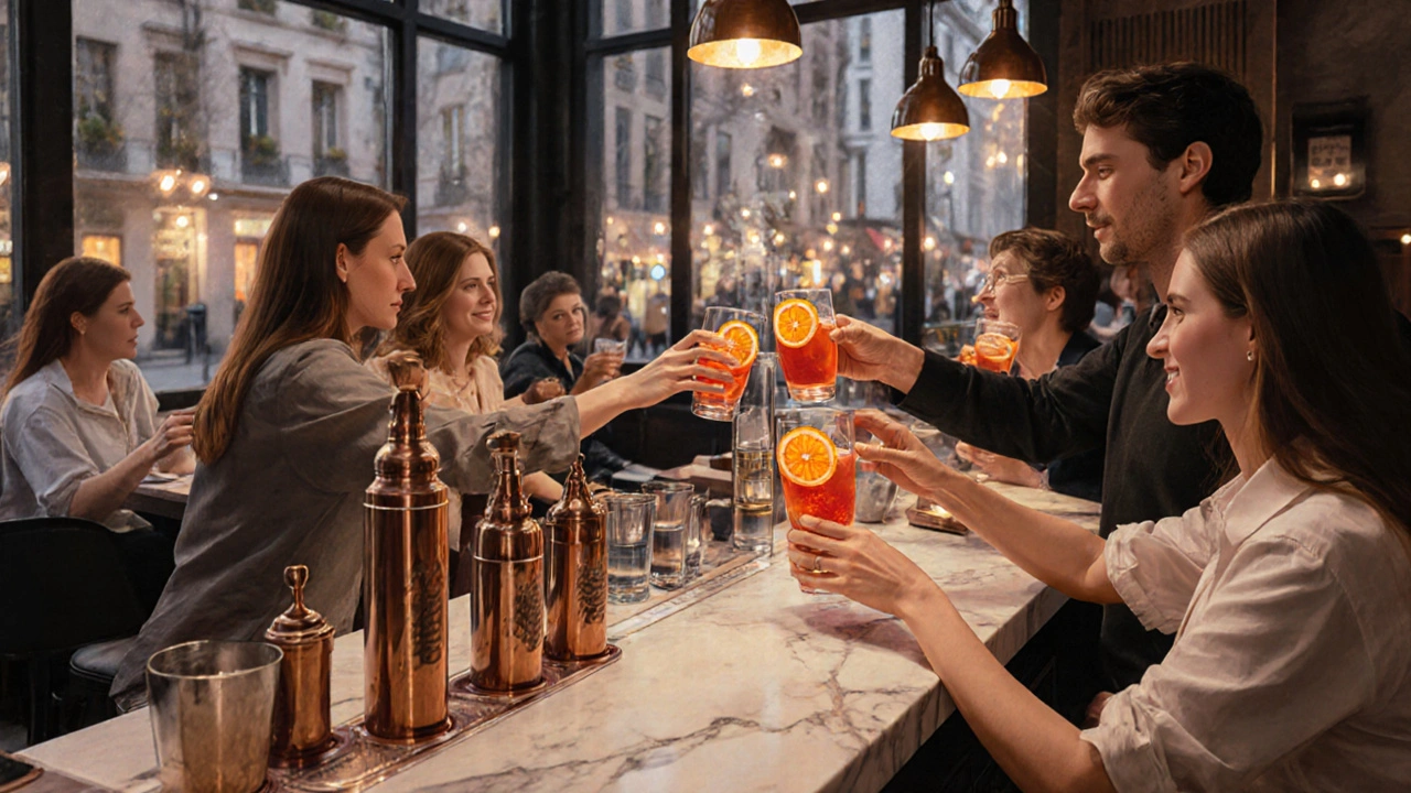 An Italian-inspired cocktail bar at dusk with patrons sipping Aperol Spritzes under warm lights and fresh orange slices.