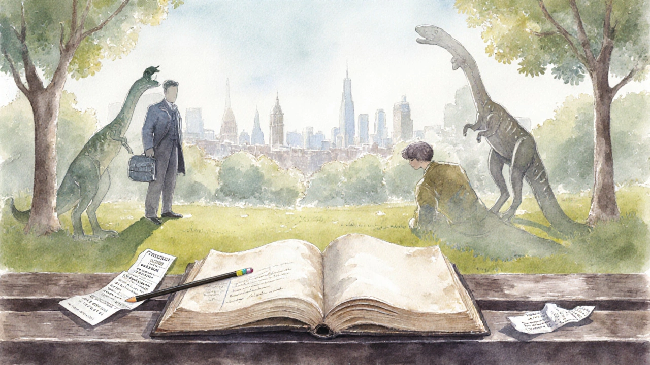 An open sketchbook on a park bench at Crystal Palace Park, with dinosaur sculptures and city skyline in the background.