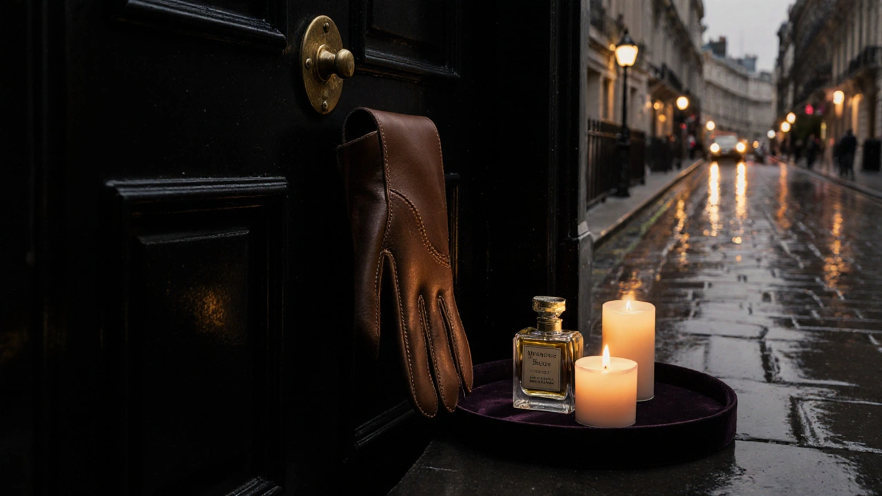 An unmarked Mayfair door slightly open, revealing a leather glove and perfume vial in soft candlelight.