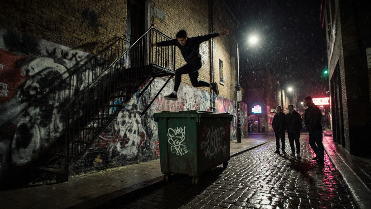 Athlete performing parkour on graffiti-covered buildings in Shoreditch at night.