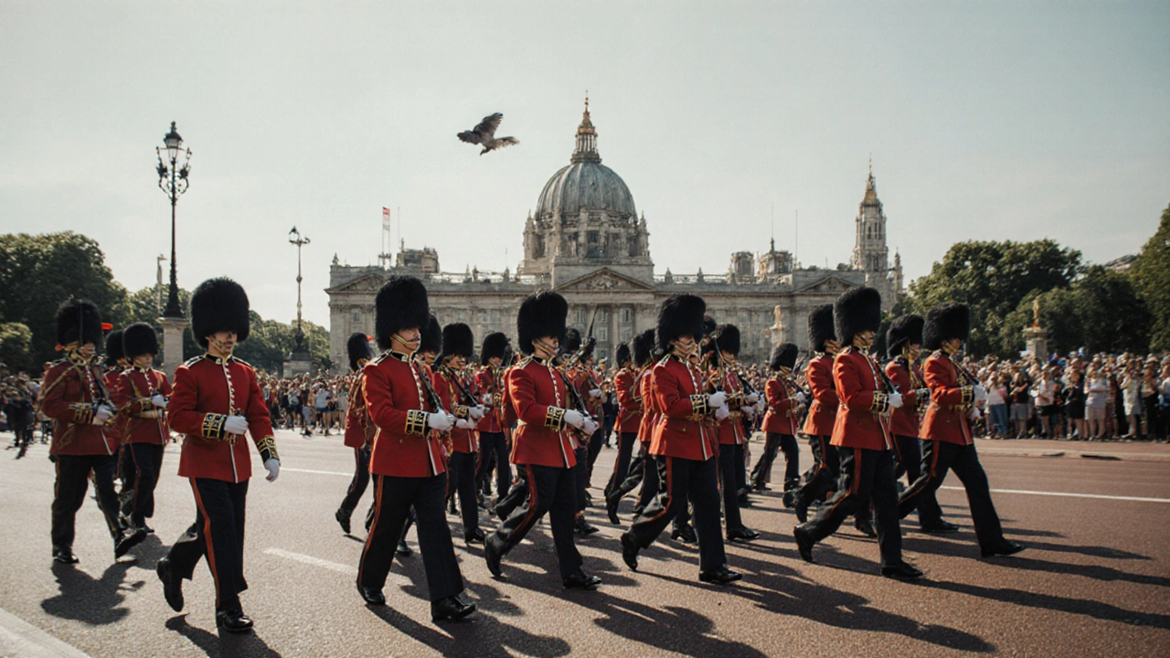 Changing of the Guard ceremony with soldiers marching down The Mall, bearskin hats, and a pigeon on a guard&#039;s hat.
