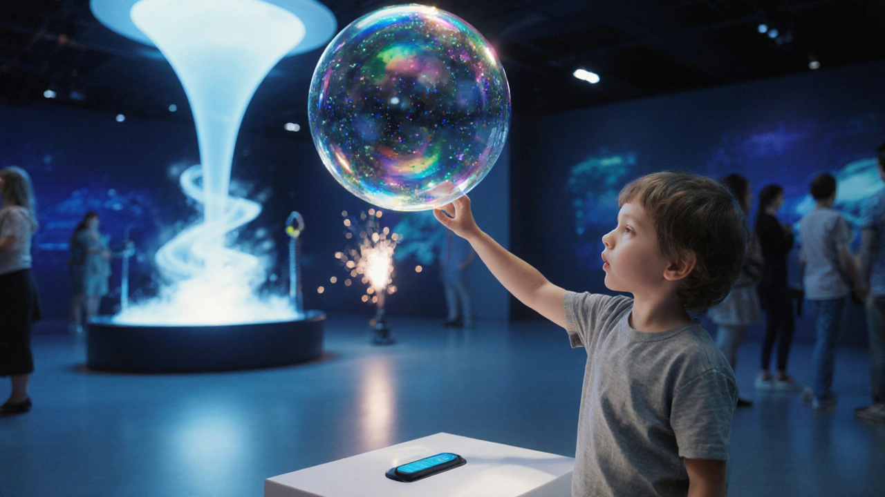 Child activating a giant bubble in Science Museum’s Wonderlab with rainbow light effects.