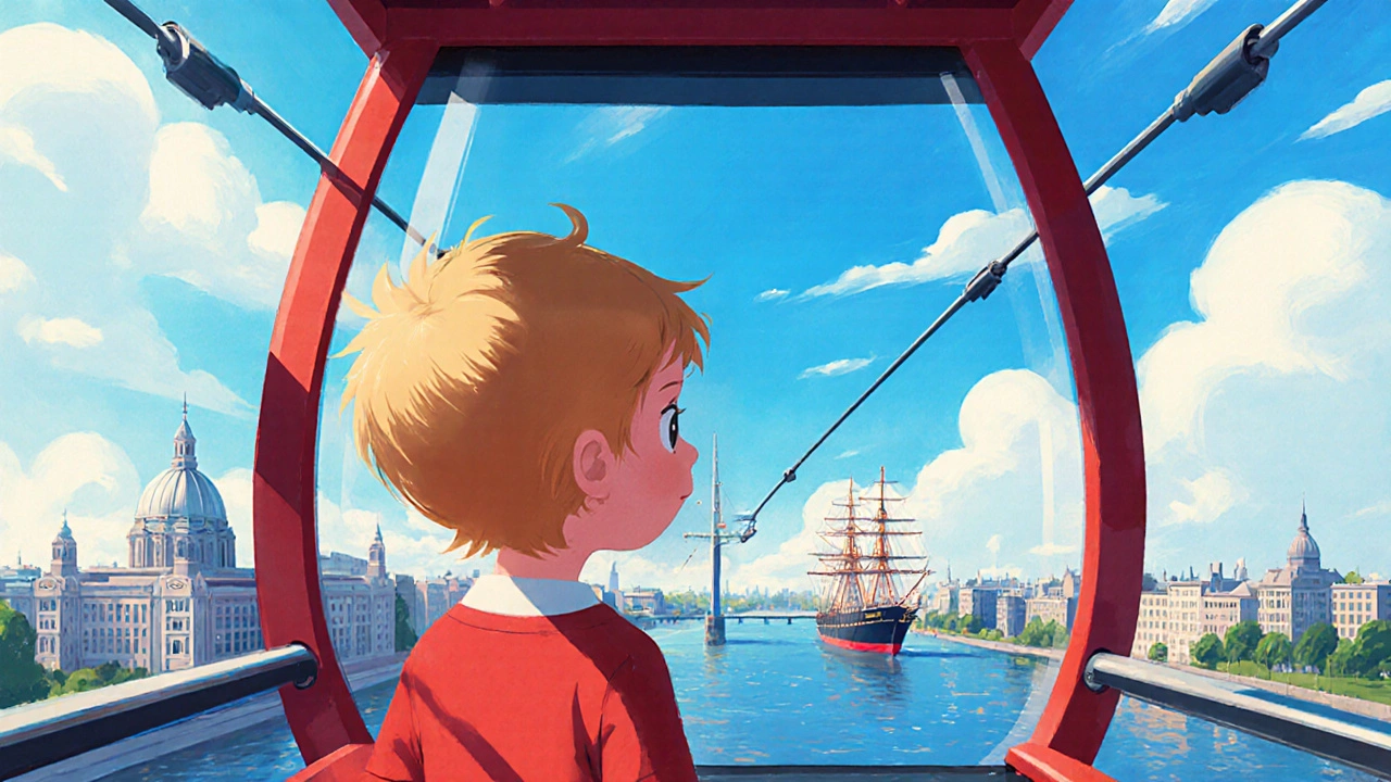 Child in red cable car looking down at Thames River with Greenwich landmarks in view.