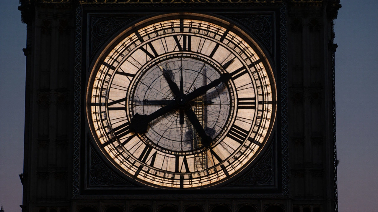 Close-up of Big Ben&#039;s illuminated clock face with Roman numerals and hands, glowing softly against twilight.