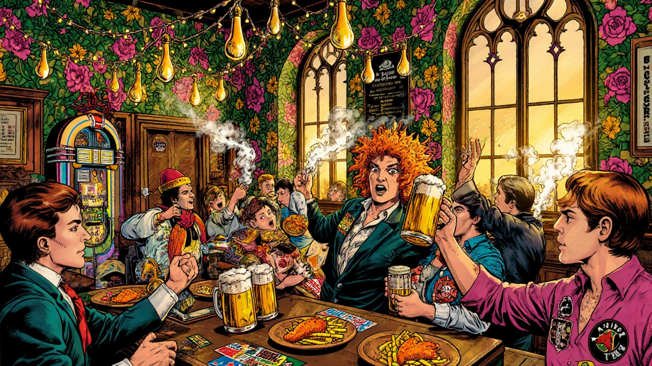 Colorful pub with floral walls, Christmas lights, and patrons raising pints to punk music.