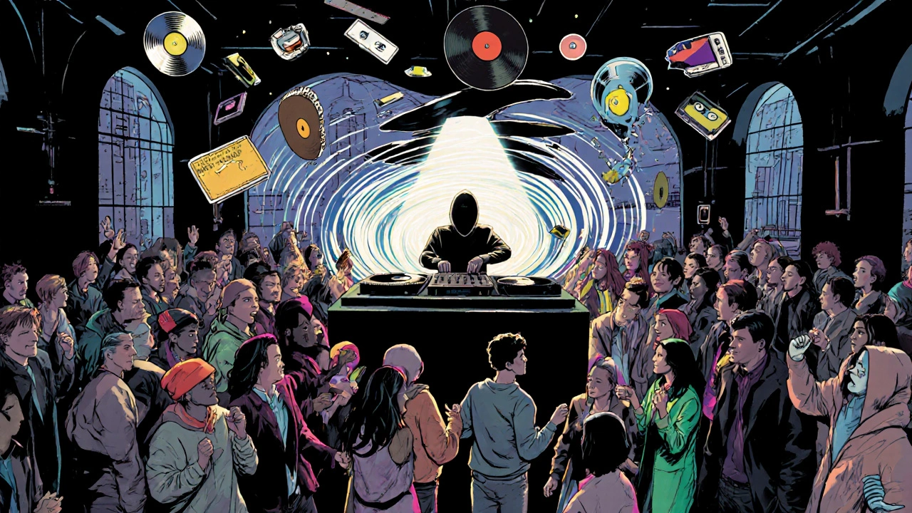 Comic-style scene of DJ spinning vinyl amid floating music fragments, diverse dancers in sync under spotlight.