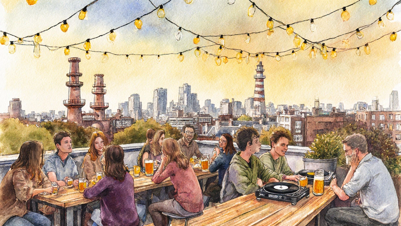 Community rooftop with locals drinking beer, a DJ playing music, and a mix of old and new London skyline.