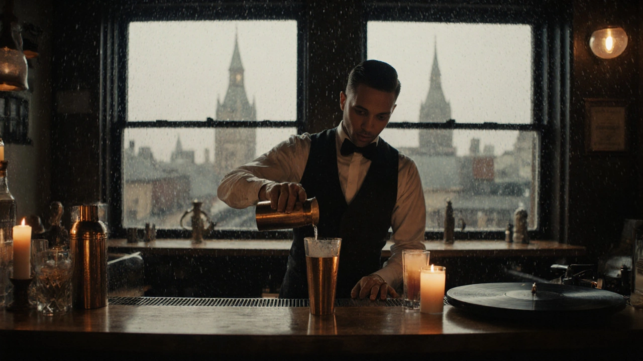 Cozy rooftop bar with wooden counter, candlelight, and vintage decor as church bells chime.