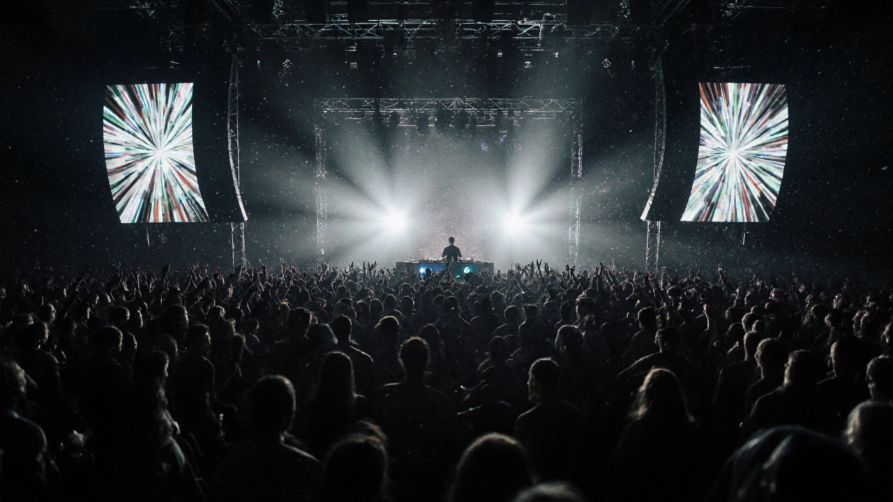 Crowd dancing on the main floor of Ministry of Sound with powerful speakers and pulsing lights.