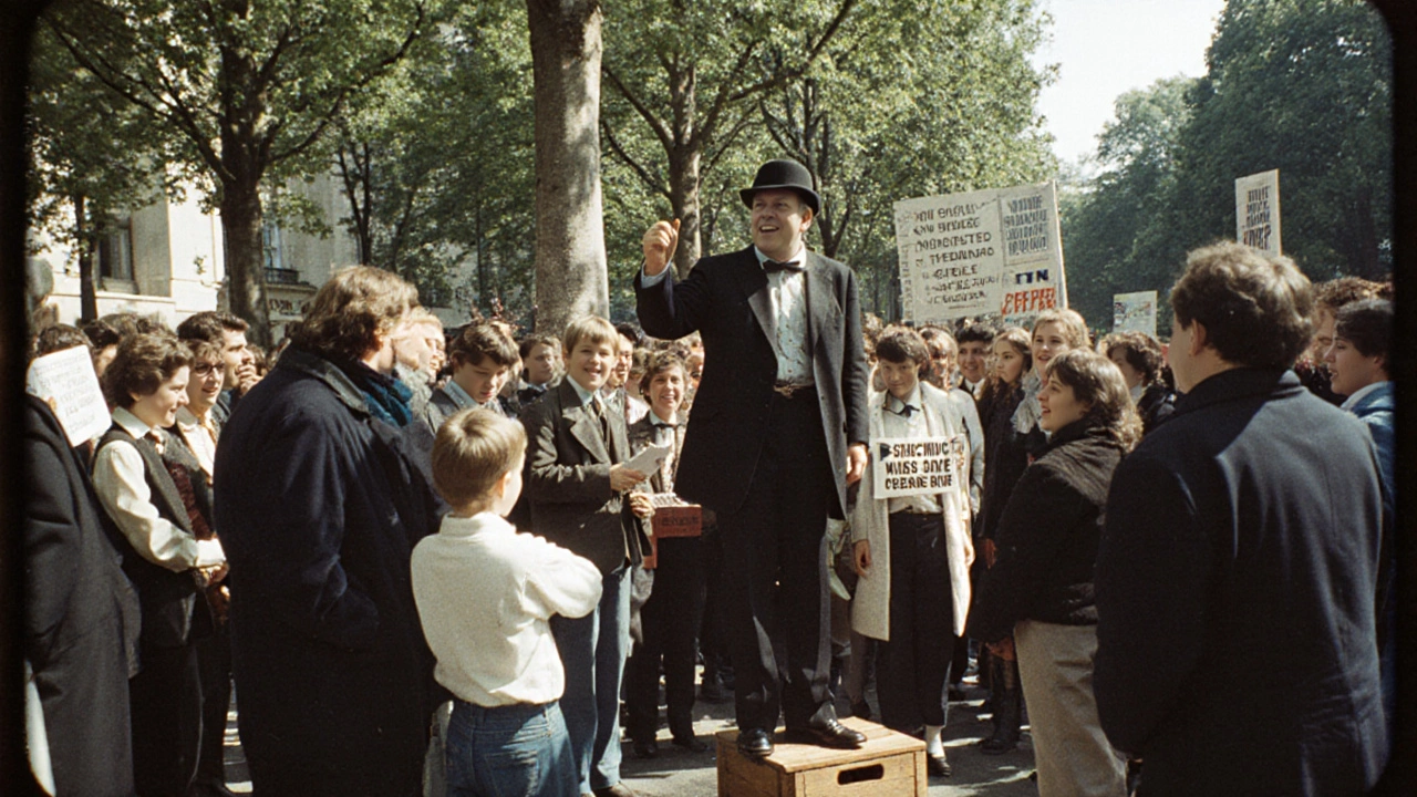 Crowd gathered at Speaker’s Corner in Hyde Park on a Sunday, with speakers on crates and listeners engaged.