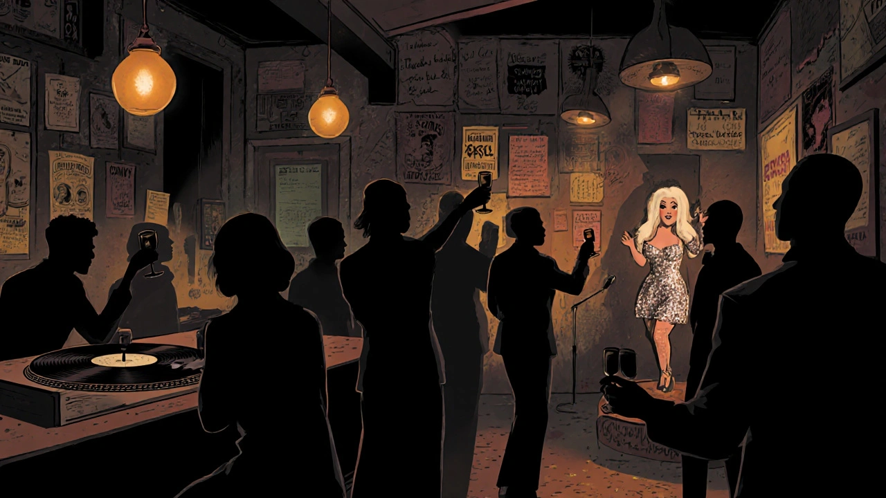 Dimly lit Soho bar with vinyl records and a drag performer under warm glowing lights.