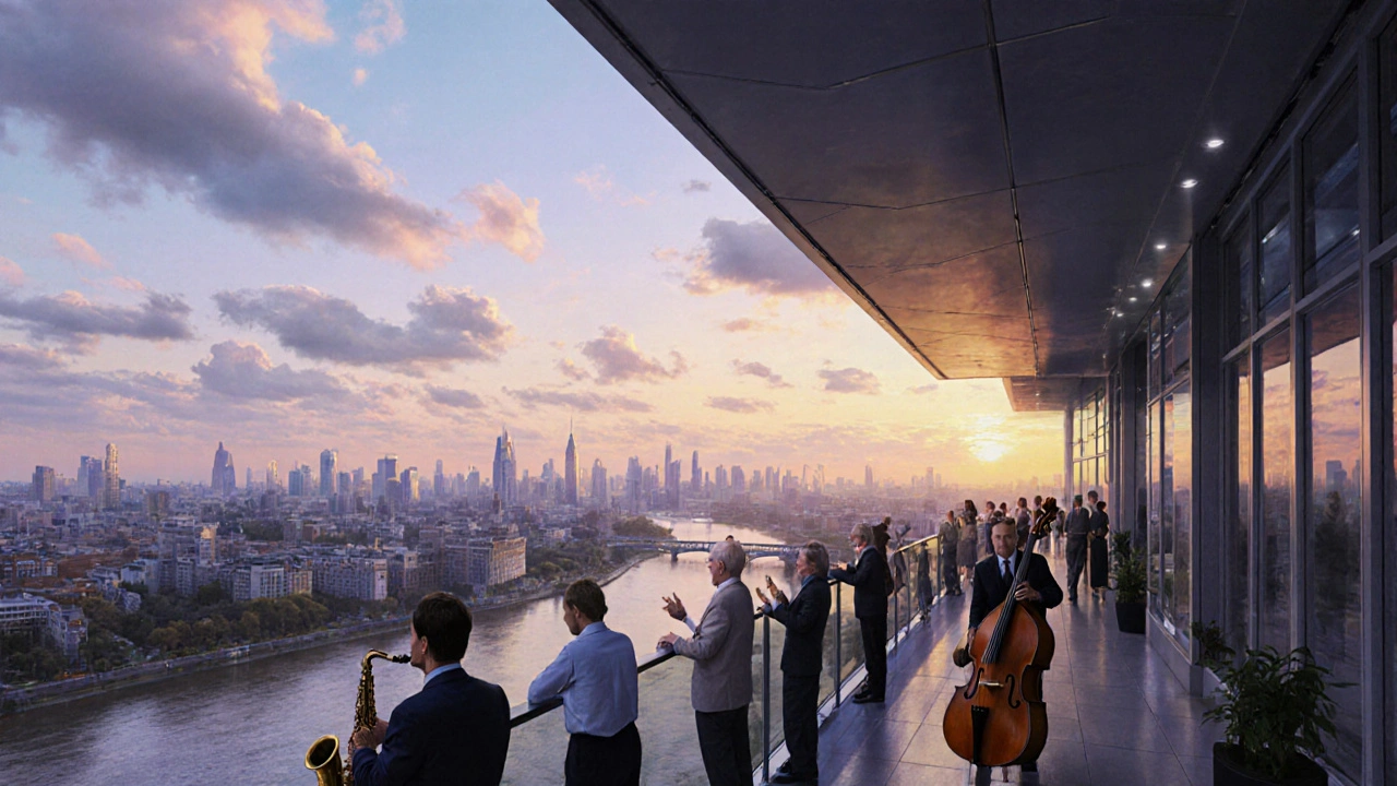 Diverse group enjoying sunset at a glass-walled rooftop with live jazz musicians playing.