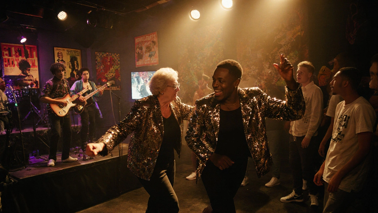 Diverse group of people dancing together inside Ministry of Sound, blending generations and cultures.