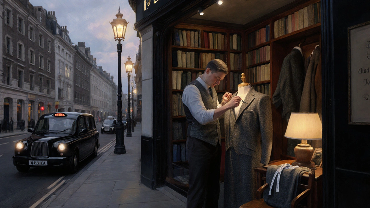 Elegant Savile Row tailor shop at dusk, warm lamplight on wool samples and a quiet, timeless atmosphere.