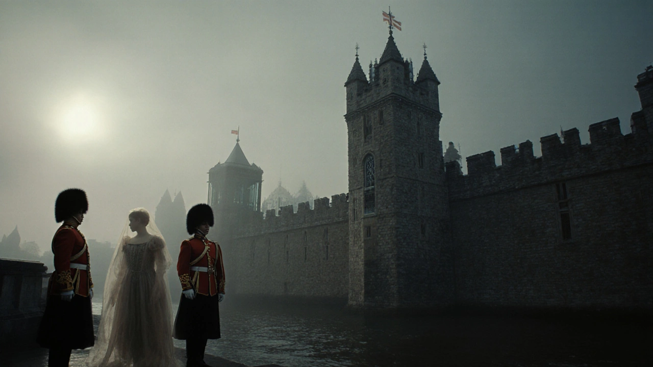 Fog envelops the Tower of London at dusk, with ghostly figures near the Bloody Tower under a moody sky.