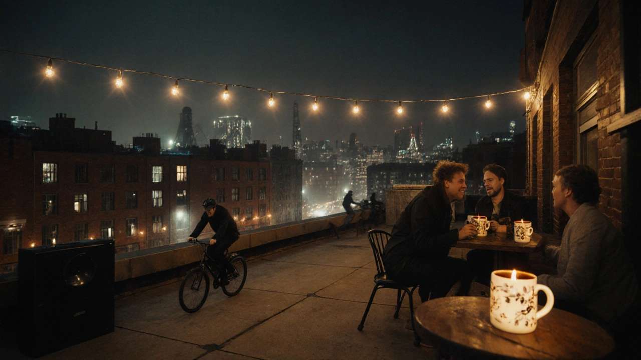 Gabo’s Rooftop in Shoreditch at night, string lights and ceramic mugs under industrial warehouses with distant Barbican.