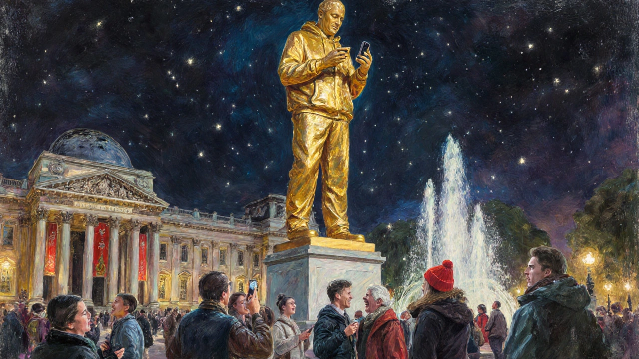 Golden hoodie statue on the Fourth Plinth surrounded by a diverse London crowd under summer sky.