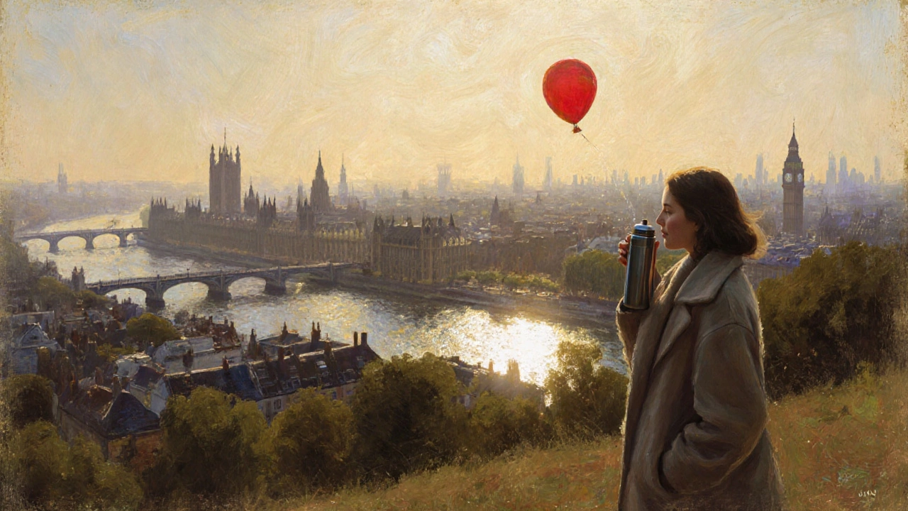 Golden hour view from Parliament Hill showing the Thames reflecting light, with trees in foreground and London towers beyond.