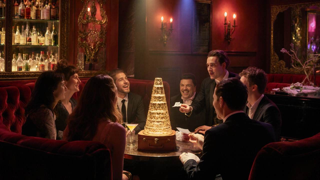 Group celebrating in a vintage-themed booth with champagne tower and handwritten note.