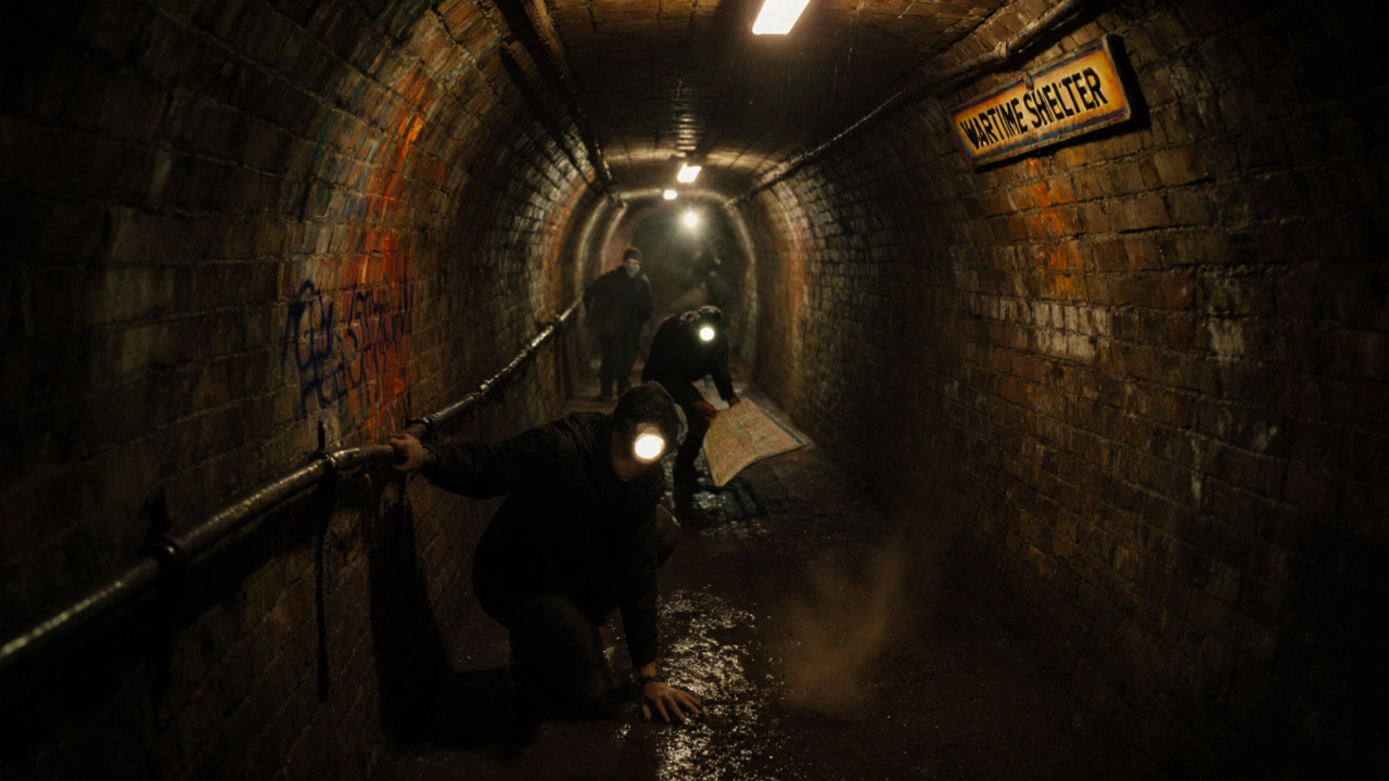Group exploring dark, abandoned underground tunnels with headlamps in London.