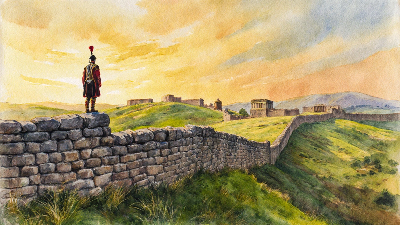 Hadrian’s Wall at sunset, with a Roman soldier standing atop ancient stones against a golden moorland horizon.