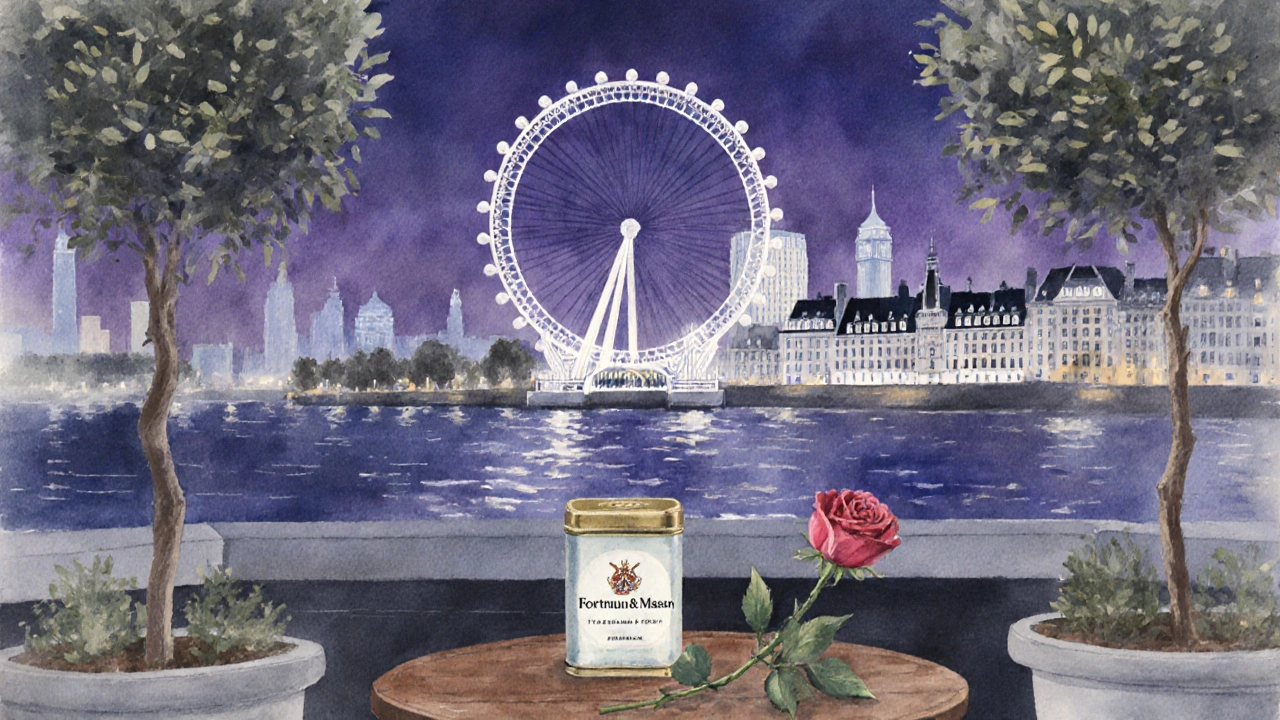 Hidden corner table with rose and tea tin overlooking London Eye at twilight.
