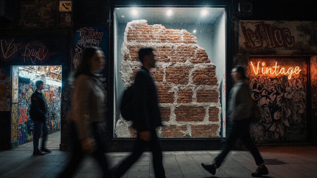 Hidden Roman wall in Shoreditch, glowing under neon lights amid modern street art.