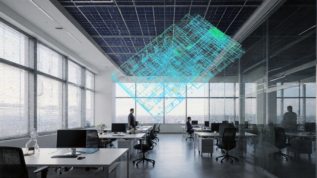 Interior of Bloomberg HQ with adaptive lighting and smart blinds, illuminated by natural light through high-tech glass walls.