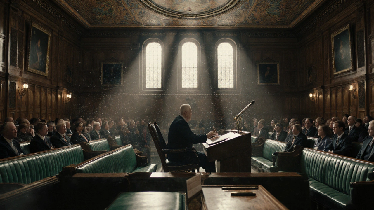 Interior of the House of Commons during a debate, green benches and wood paneling under natural light.