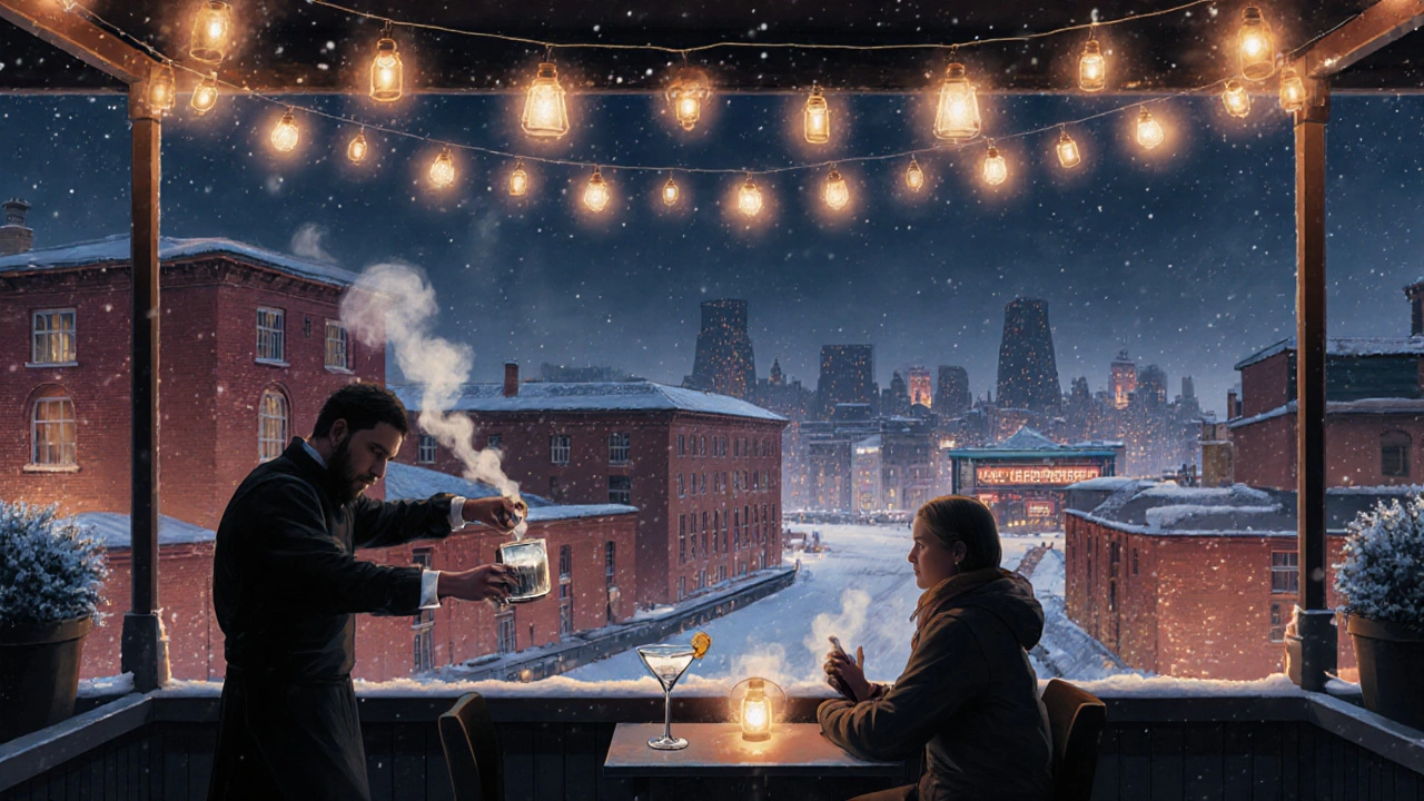 Intimate winter night at 11th Heaven rooftop, bartender pouring a steaming gin martini with frosty city lights behind.