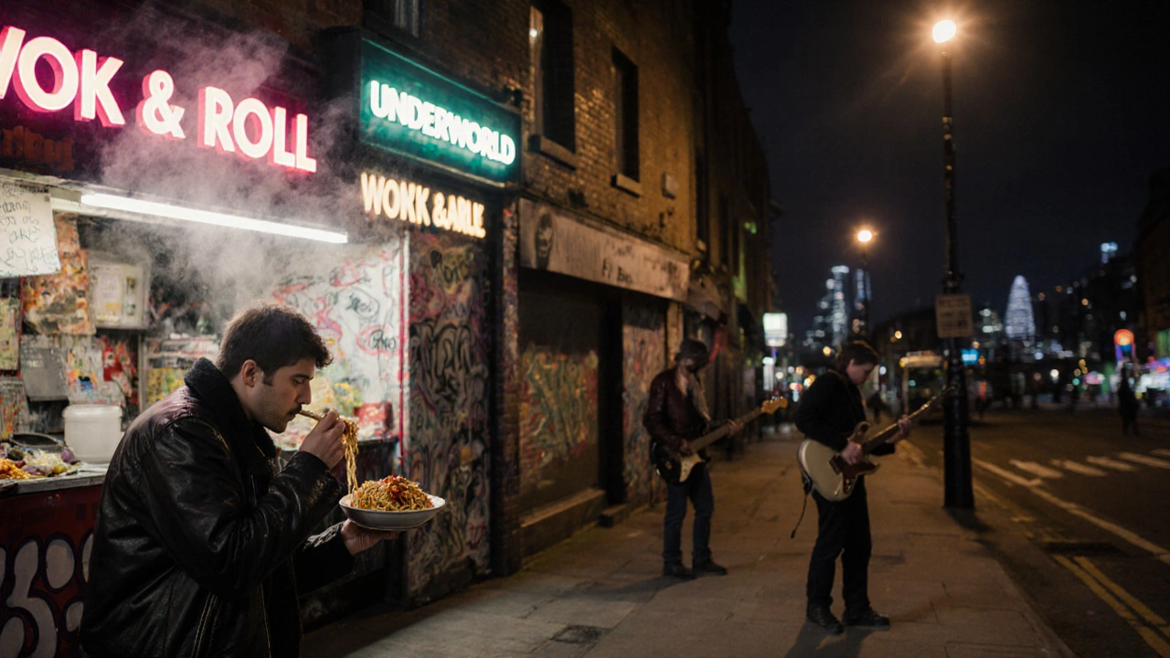 Late-night noodle stall in Camden with a busker playing guitar under a flickering lamp.