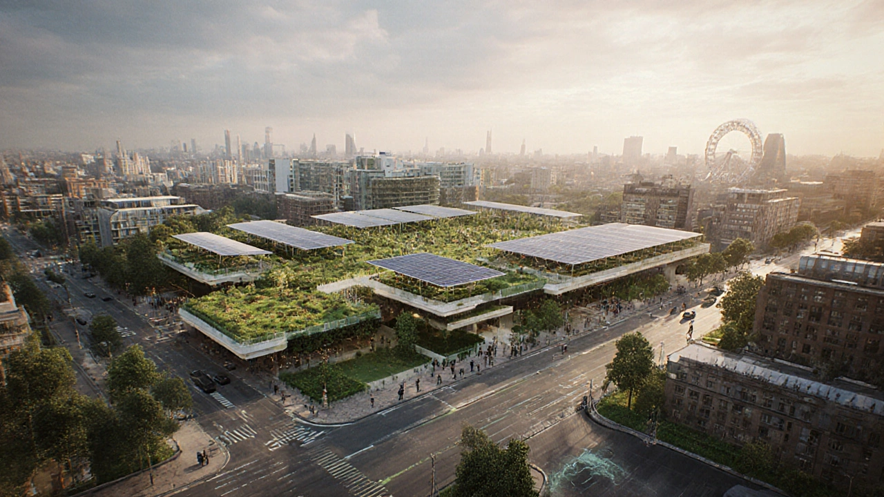 London Superblock in Stratford with green terraces, solar canopies, and AI-guided walkways replacing cars, near Olympic Park ruins.