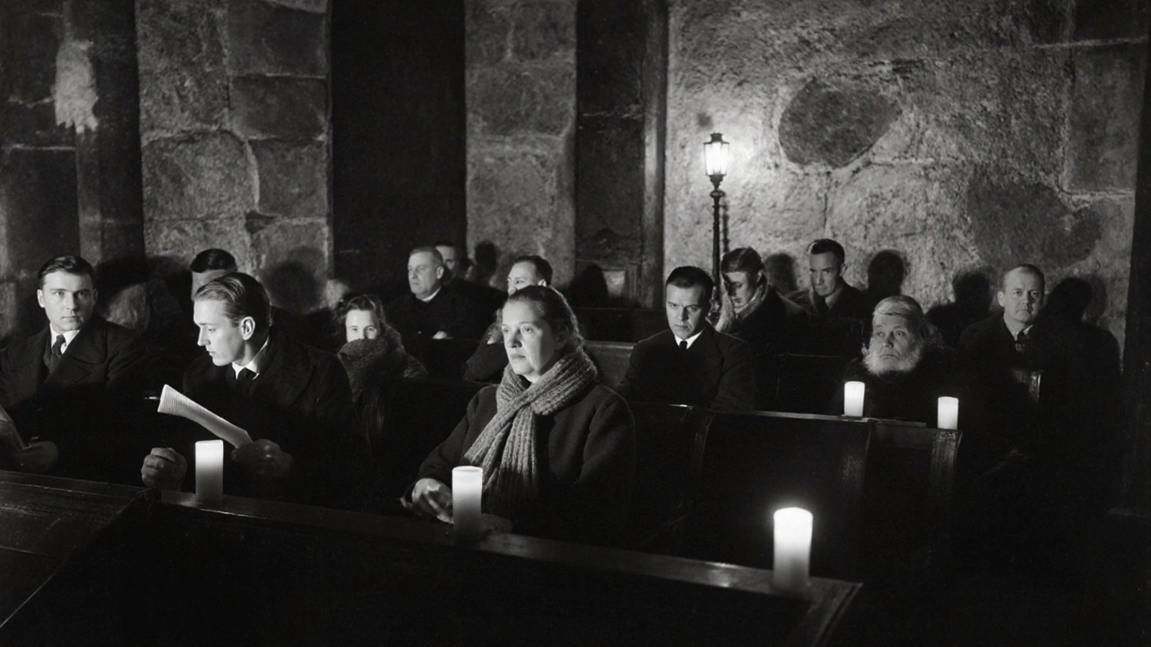 MPs debating in candlelight within St. Mary Undercroft crypt during World War II.
