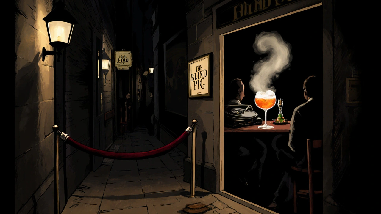 Mysterious speakeasy with velvet rope, dry ice cocktail, and jazz music in dim shadows.
