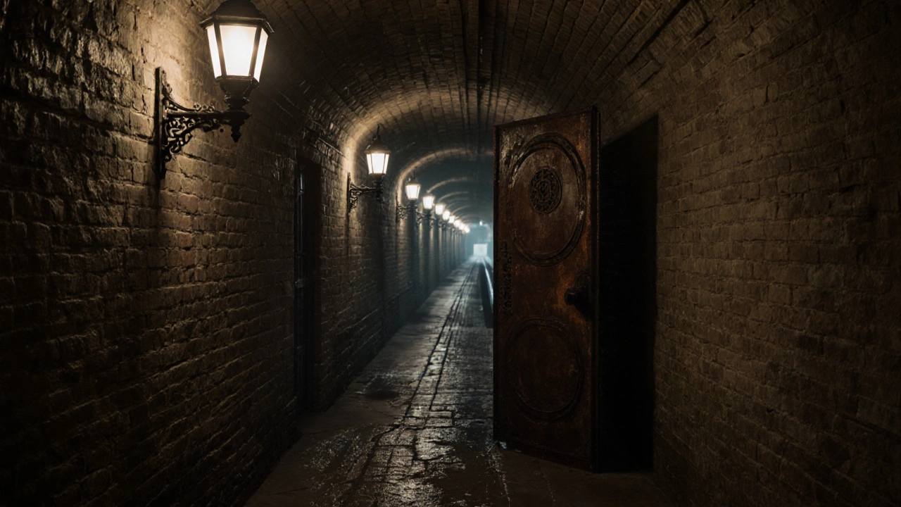 Mysterious underground tunnel beneath Buckingham Palace with flickering lamps and sealed railway entrance.