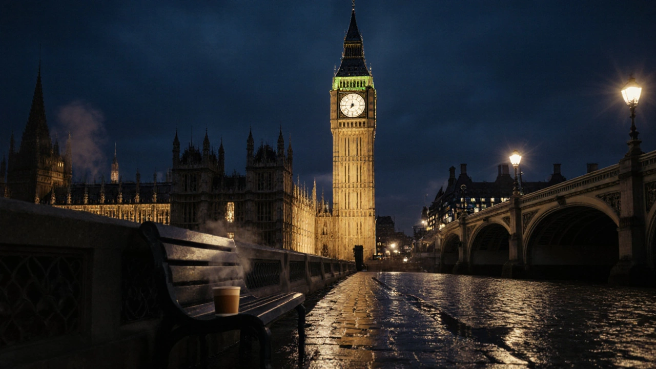 Night view of Big Ben from the South Bank, with golden light casting a halo over the quiet river and empty bench.