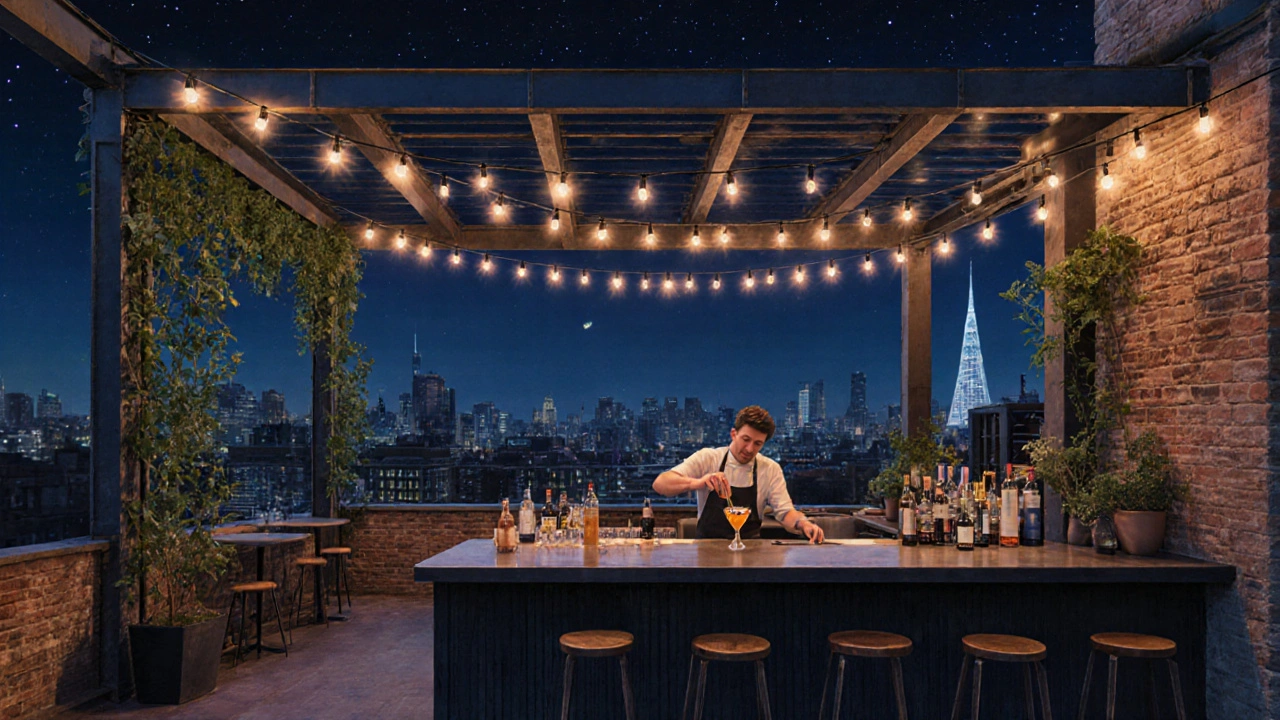 Nighttime rooftop bar with industrial design, string lights, and a bartender mixing a signature cocktail.