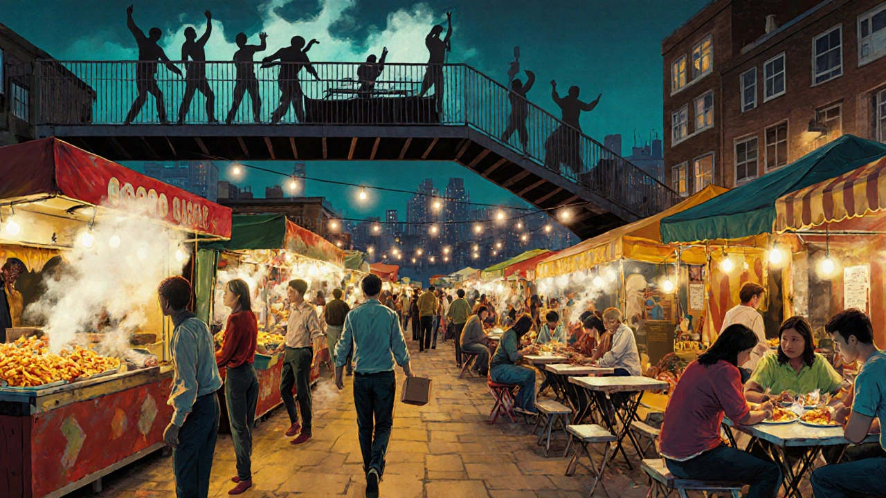 Nighttime street food market in Peckham with people eating under string lights and a rooftop DJ.