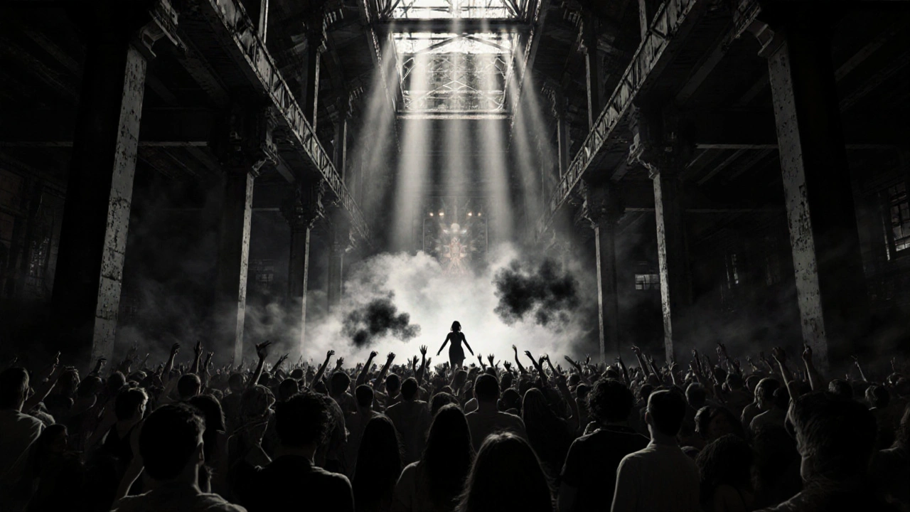 Printworks converted factory, dancers frozen in bass waves, industrial beams, ethereal lighting.