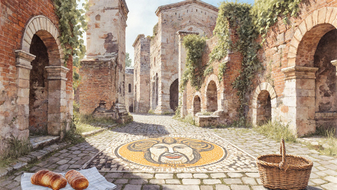 Roman mosaic of Medusa in Verulamium ruins with a picnic nearby on an ancient street.