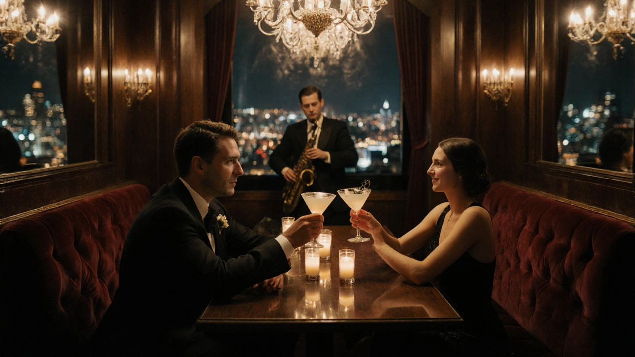 Romantic couple clinking cocktails in a velvet booth at The Ned with Art Deco lighting.