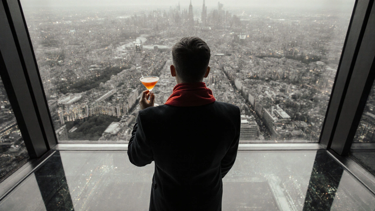 Silhouetted figure on a glass floor rooftop, gazing down at London’s illuminated cityscape with only a red scarf in color.