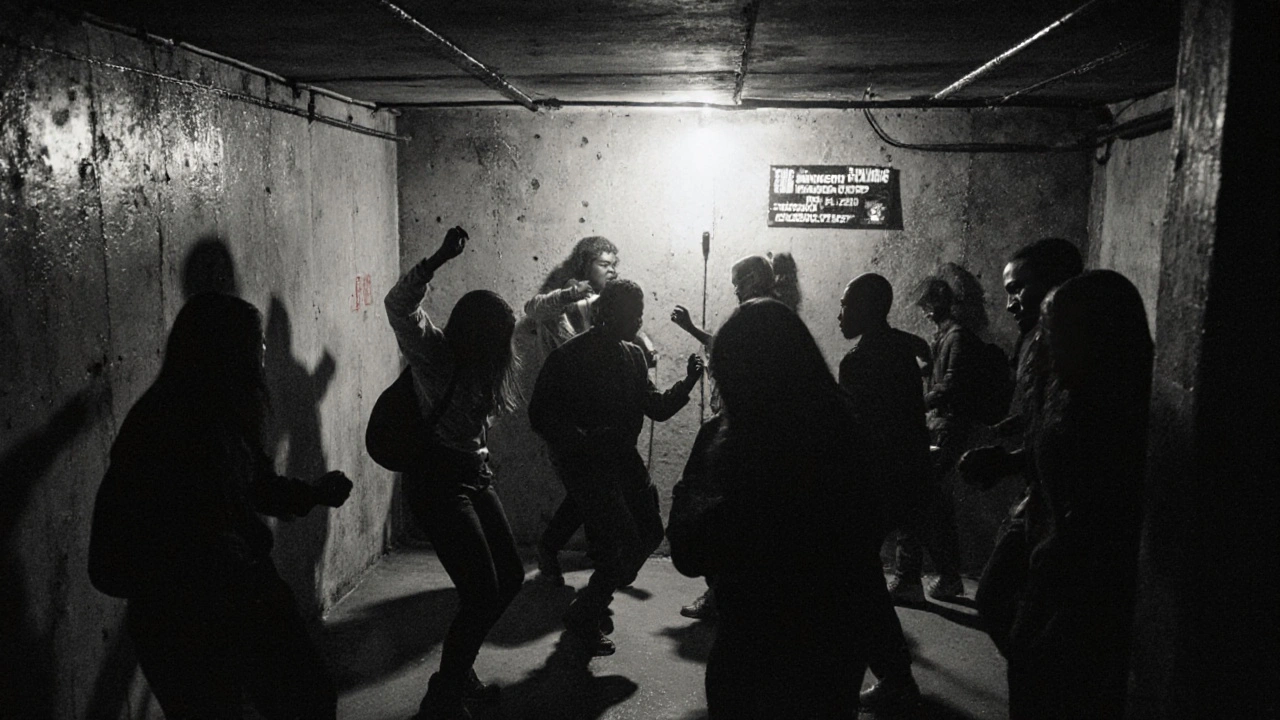 Silhouettes dancing in a dim basement warehouse, raw and intimate underground scene.