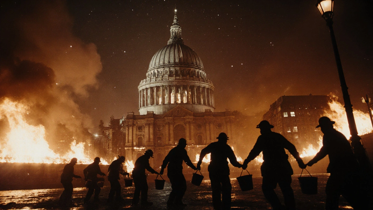 St. Paul&#039;s Cathedral stands resilient amid Blitz fires, firefighters forming a human chain under a glowing dome.
