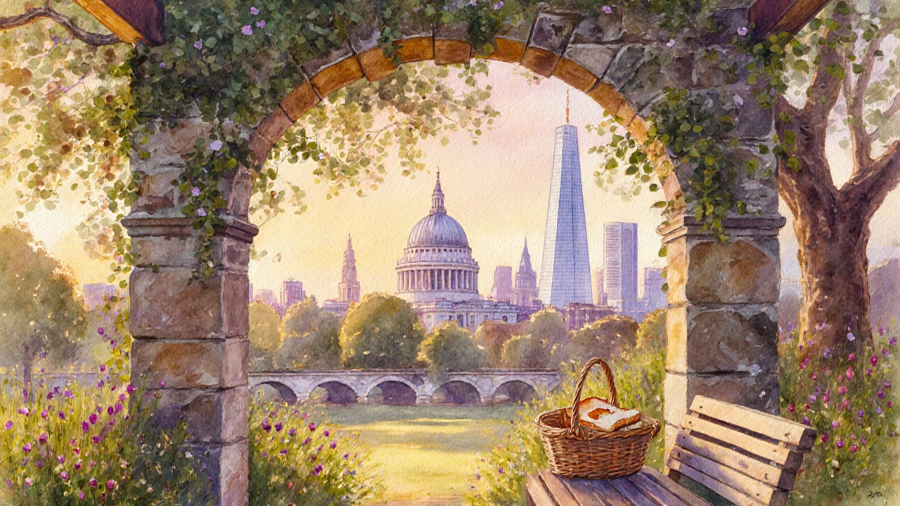 Stone pergola at Hampstead Heath framing London&#039;s skyline surrounded by wildflowers and trees at golden hour.